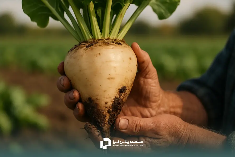 ریشه چغندر قند درشت و سالم در دستان یک کشاورز که نشاندهنده برداشت محصولی باکیفیت و تناژ بالا است.