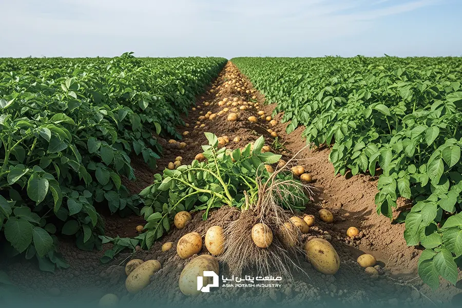 بوته سیب زمینی پربار با غدههای درشت و فراوان پس از برداشت که نشاندهنده موفقیت در افزایش تناژ سیب زمینی است.