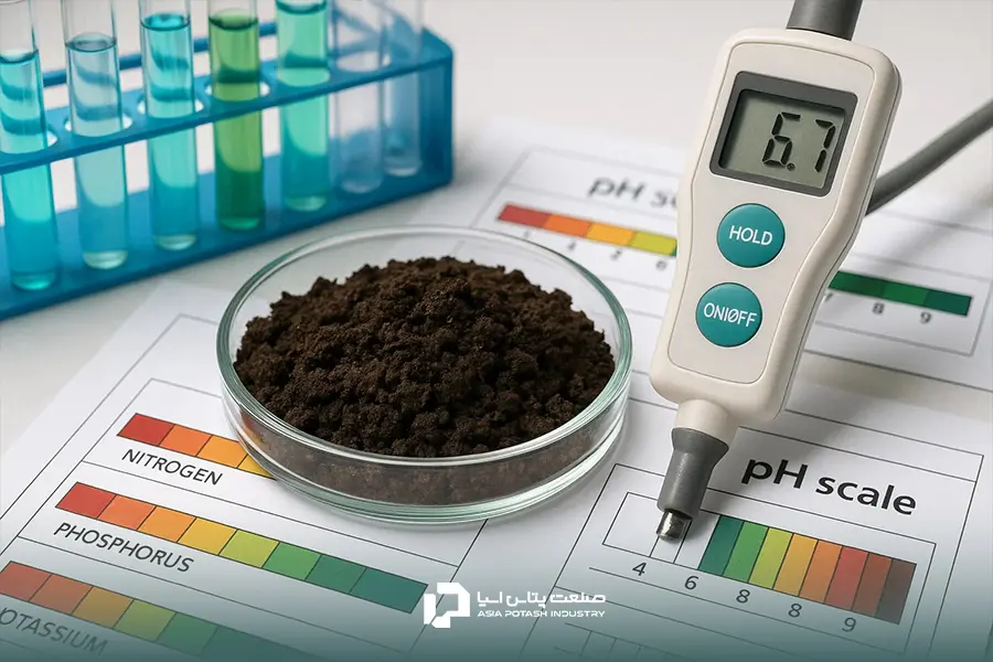 تصویر نمونه خاک در آزمایشگاه همراه با لولههای آزمایش و دستگاه سنجش pH برای نمایش روشهای مدرن آزمون خاک