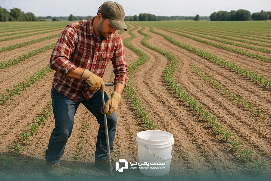 کشاورزی در حال نمونهبرداری از خاک با استفاده از مته خاک و سطل پلاستیکی تمیز در مزرعه