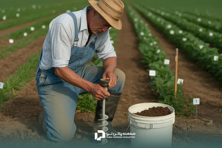 یک کشاورز در حال نمونهگیری خاک قسمتهای مختلف مزرعه