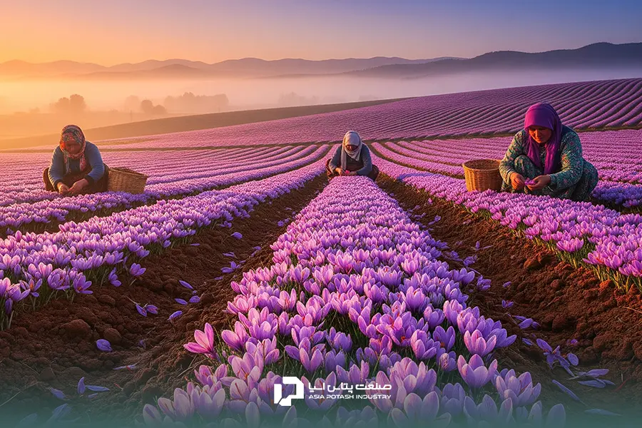 کشاورزان در حال برداشت گلهای زعفران در یک مزرعه وسیع هنگام غروب