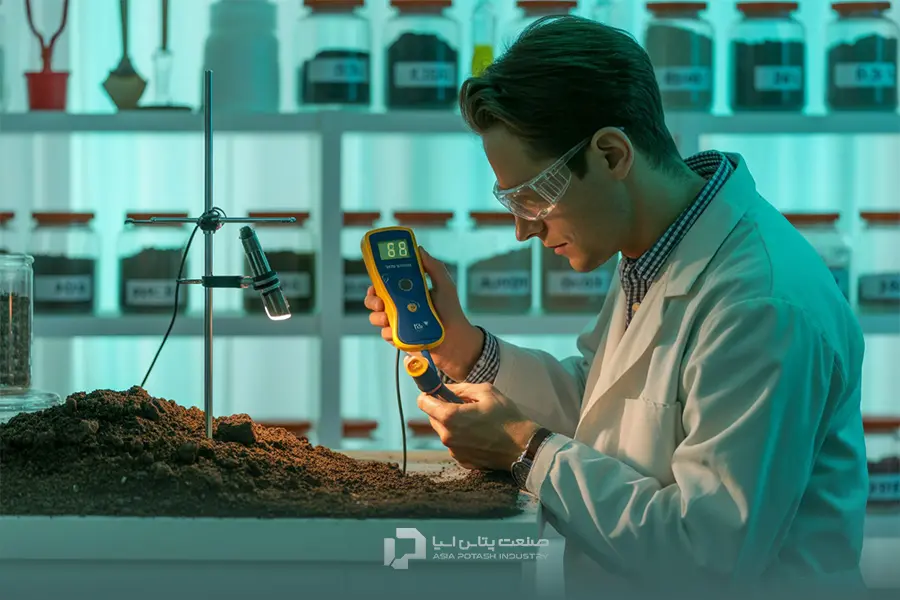 یک متخصص کشاورزی در حال اندازهگیری pH خاک در آزمایشگاه