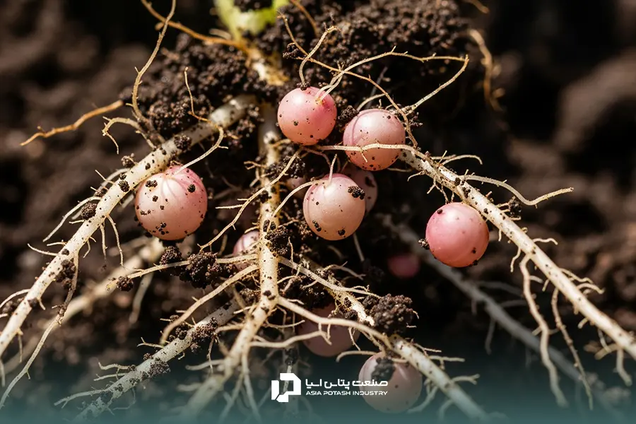 تصویری نزدیک از ریشه گیاه عدس که گرههای کوچک و گرد (ندولها) را نشان میدهد؛ این گرهها به گیاه در تثبیت نیتروژن از اتمسفر کمک میکنند.