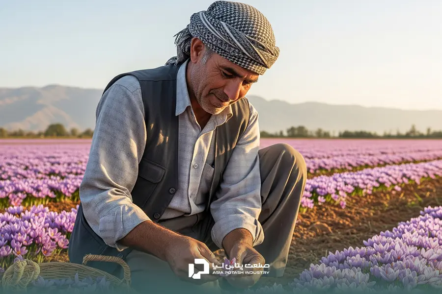 کشاورز در حال بررسی و برداشت دقیق گلهای زعفران برای تضمین کیفیت محصول