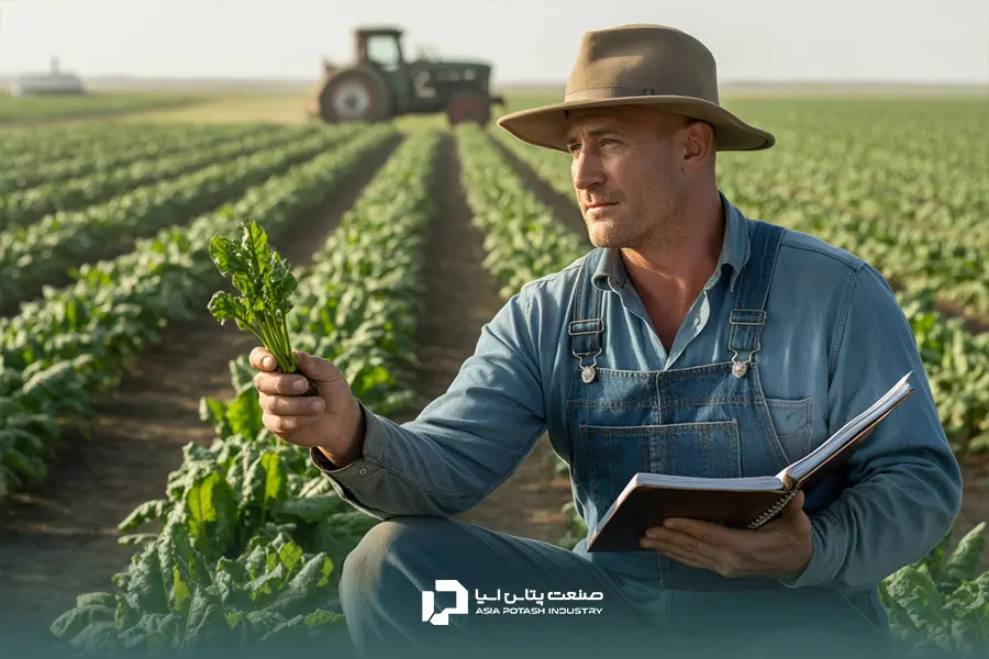 کارشناس کشاورزی در حال بررسی سلامت برگ و توصیه کودی چغندر قند.